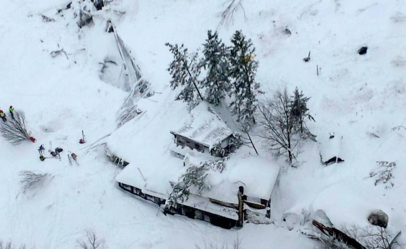 空中拍摄的照片显示，里戈皮亚诺酒店被厚厚的白雪覆盖。（路透社）.jpg