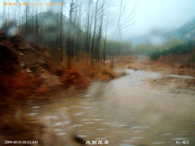 车窗外，山上流下来的雨水成河~~