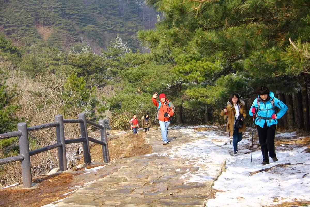 徒步登山的闫晓京一家三口